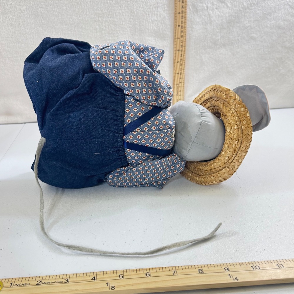 VTG Karen's Barnyard Critters Folk Art Bunny Rabbit Doll Straw Hat Denim Overall - Picture 4 of 7